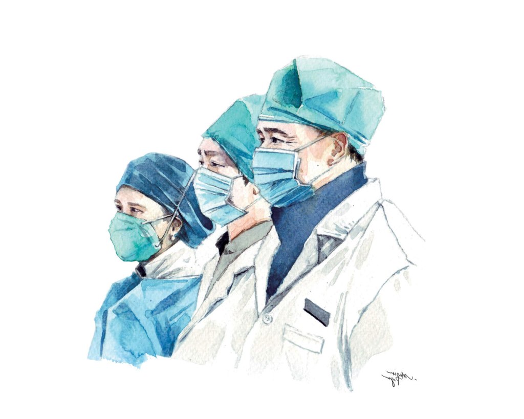 Watercolor painting illustration of health care workers in masks