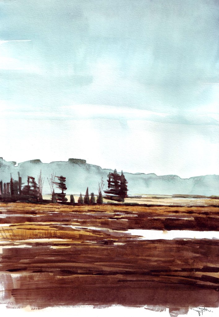 Watercolor painting illustration of early morning sunrise over the Canadian prairies in Alberta, Canada