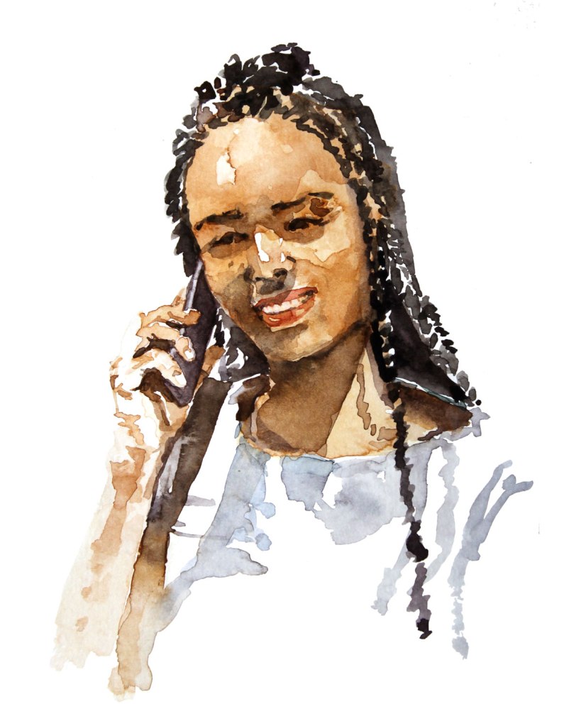 Watercolor painting illustration of a young smiling black woman speaking on the phone