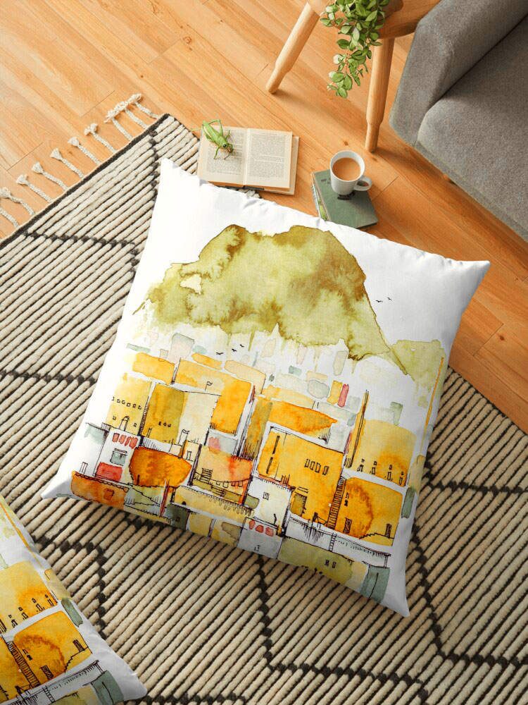 Custom print floor pillow: watercolor painting illustration of a green and yellow city landscape with houses and a mountain. Buy home decor, apparel, accessories and art prints at redbubble.com